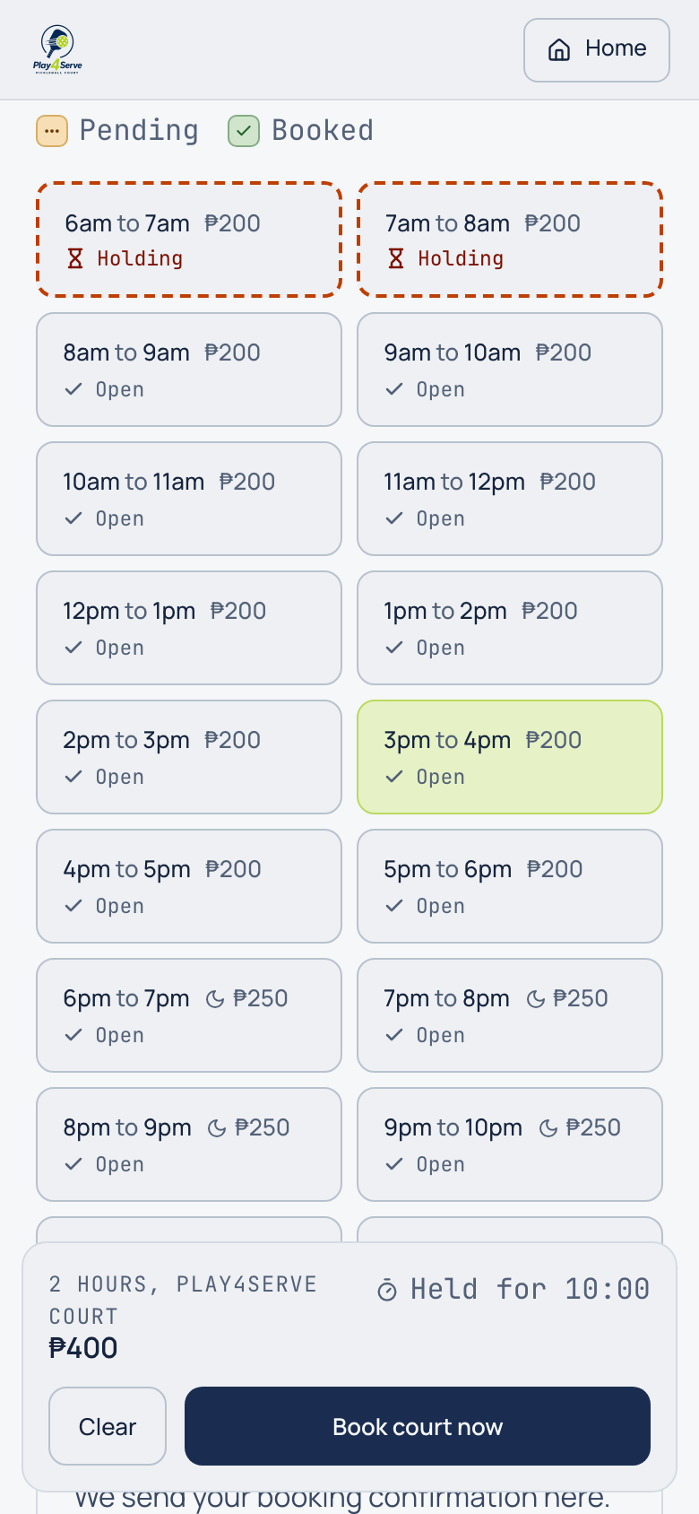 Booking page with a date and two time slots selected