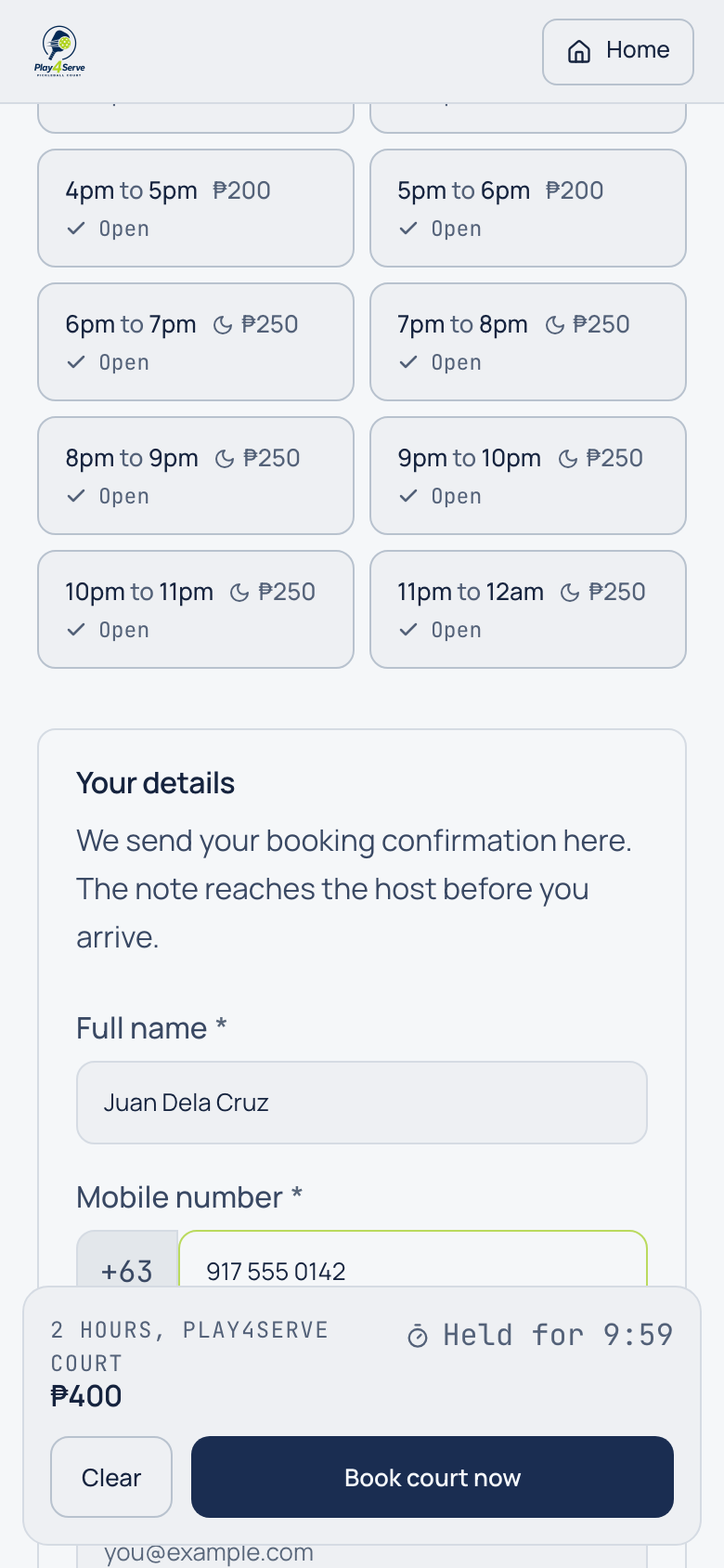 Player details form filled with name and mobile number