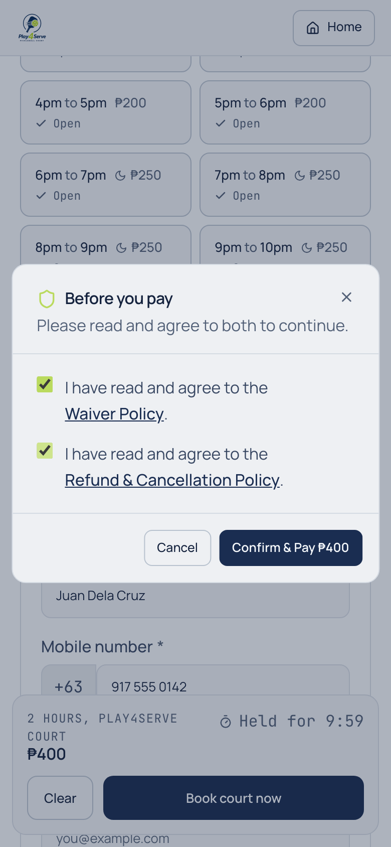 Policy agreement dialog with both checkboxes ticked