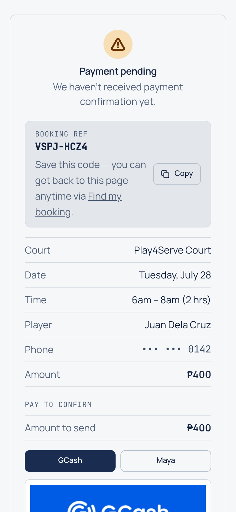 Payment page showing the e-wallet QR code and amount