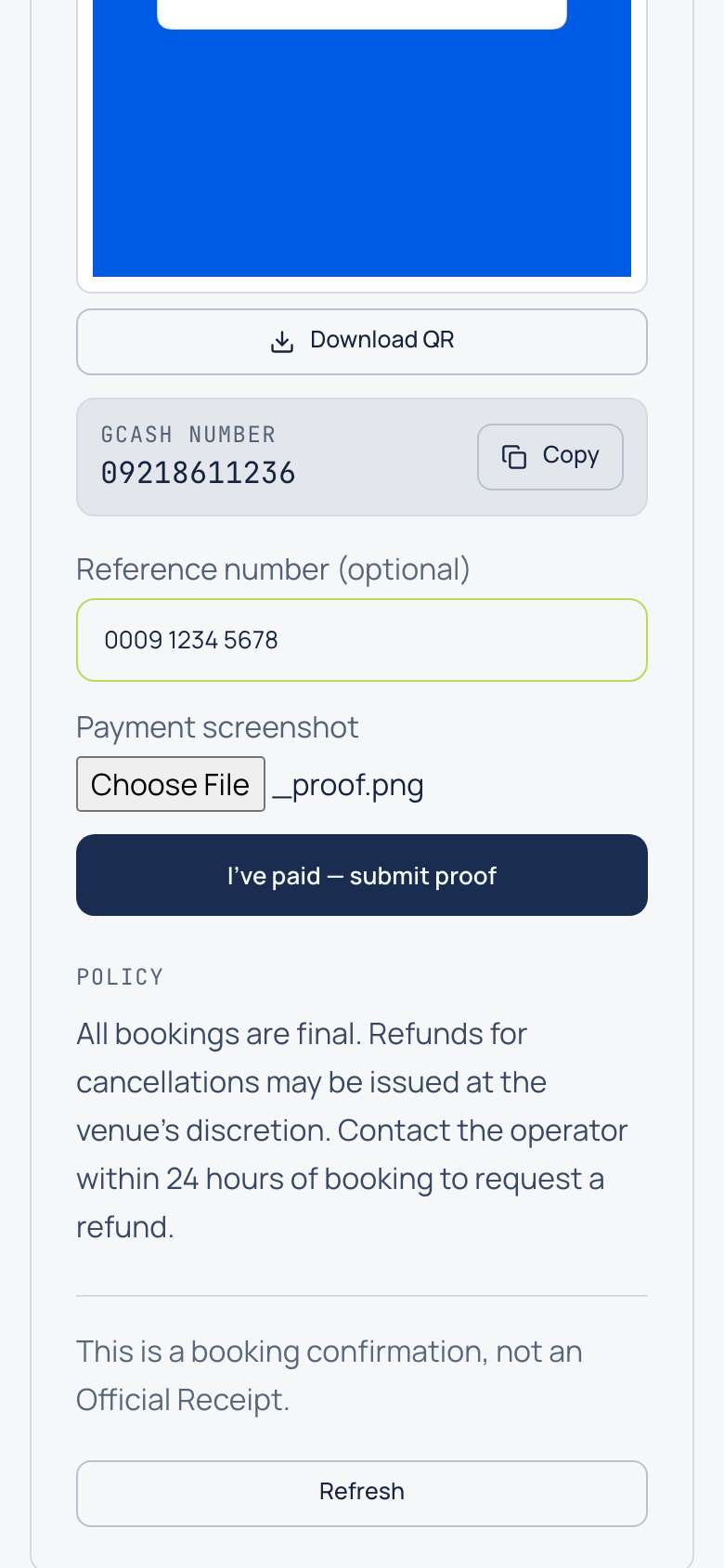 Payment proof form with a receipt screenshot attached