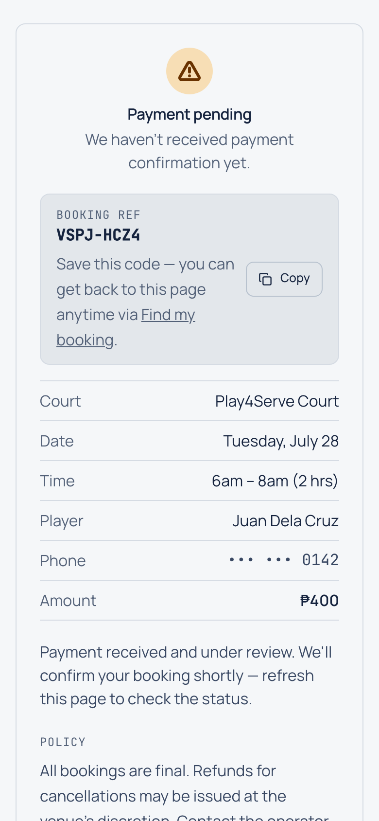Booking page showing payment received and under review
