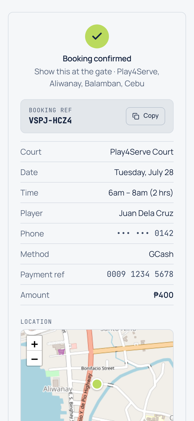 Booking status page showing a confirmed booking